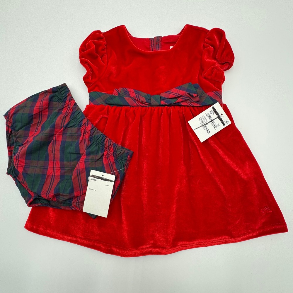 NEW Sammy Nat Red Velvet Plaid‎ Trim Baby Dress Bloomer Set Outfit Holiday 6 12M